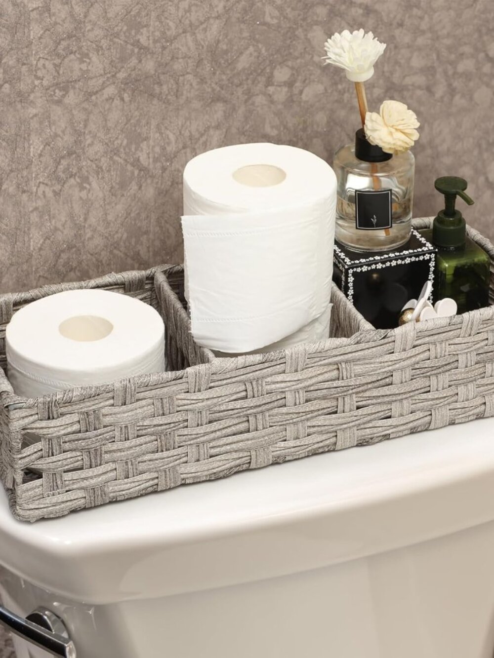 Larger Compartments] Toilet Tank Topper Paper Basket - Multiuse Hand Woven Plast - Picture 2 of 7